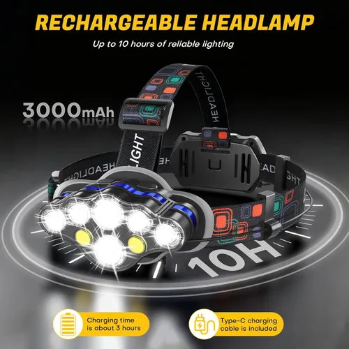 Miniatura 3 de MIOISY - Linterna recargable para cabeza, 8 luces LED súper brillantes, lámpara de cabeza con luz roja y blanca, resistente al agua IPX4, 8 modos