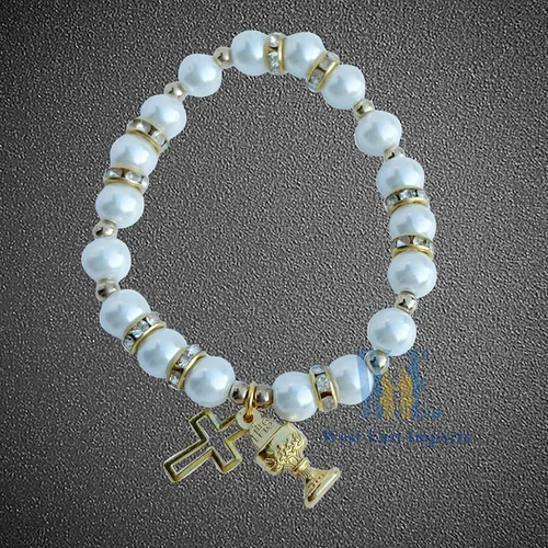Miniatura 5 de 12 pulseras de perlas elásticas para la primera comunión con cáliz de metal dorado y dijes de cruzrecuerdos para la primera comunión