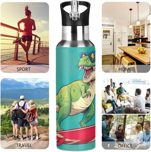 Miniatura 5 de Stainless Steel Vacuum Insulated Water Bottle 32 Oz, Leakproof Water Bottles for Gym Outdoor Travel School, Cool Green Rex Dinosaur Teal
