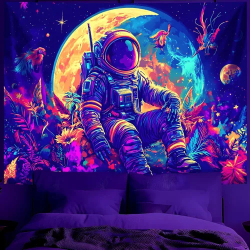 Miniatura 17 de BVBOX Tapiz de astronauta espacial con luz negra, reactivo a los rayos UV, galaxia, planeta que brilla en la oscuridad, póster de luz negra, arte