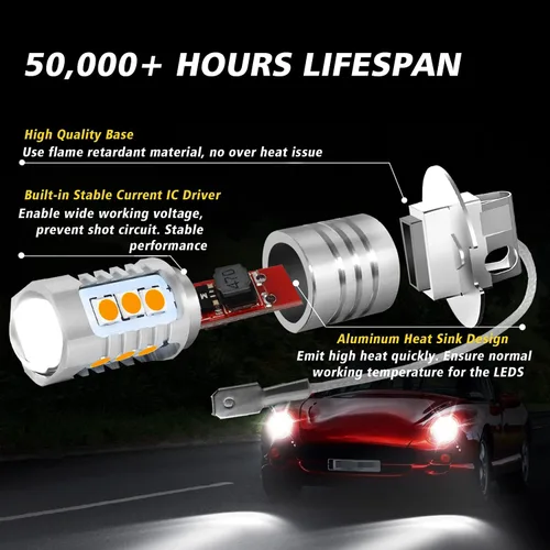 Miniatura 3 de H3 - Bombillas LED antiniebla, paquete de 2, bombillas LED H3 extremadamente brillantes de 3030 chips con proyector para luces antiniebla