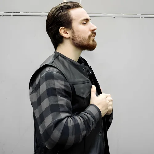 Miniatura 2 de Leatherick Mens Black Motorcycle Vests - Top Grain Cow Leather SOA Club & Traditional Paisley Satin Liner Leather Biker Vests Negro (sin cuello)