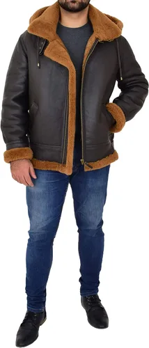 Miniatura 4 de Chaqueta voladora de piel de oveja real con capucha para hombre, color marrón, jengibre, piloto, B3, aviador, aviador, Hawker, Jengibre