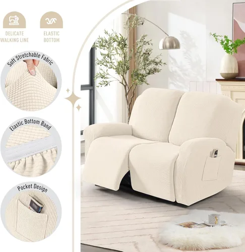 Miniatura 3 de TAOCOCO Funda para sofá biplaza reclinable, 6 piezas, fundas dobles para sofá biplaza reclinable doble de 2 asientos, protector de muebles con Beige