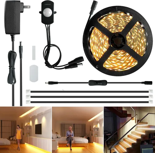 Sensky Kit de tira de luz LED activada por movimiento de 19.7 pies/6m Tira de luz LED flexible con sensor de movimiento para dormitorio, caja fuerte