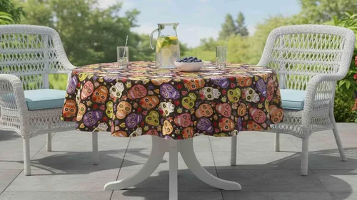 Miniatura 10 de Newbridge Mantel de vinilo con parte trasera de franela para fiesta y fiesta de calavera de azúcar, mantel de vinilo con máscara de esqueleto otomí