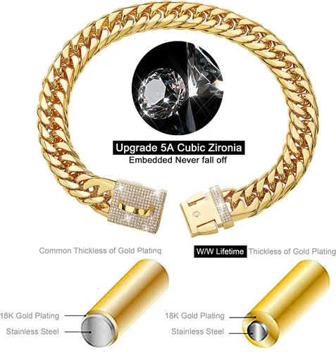 Miniatura 3 de Collar de cadena de metal para perro con diseño de hebilla segura, eslabones cubanos dorados fuertes y resistentes a las mordidas para perros