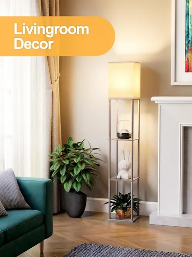 Miniatura 6 de Lámpara de pie con estantes para sala de estar roble gris, lámpara de pie con estante con bombilla LED de 3 CCT, lámpara de columna de pie de Gris