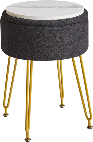 Miniatura 12 de IBUYKE Reposapiés otomano redondo de terciopelo teddy, mesa auxiliar de tocador de maquillaje, asiento de mesa de tocador de terciopelo, puf Negro