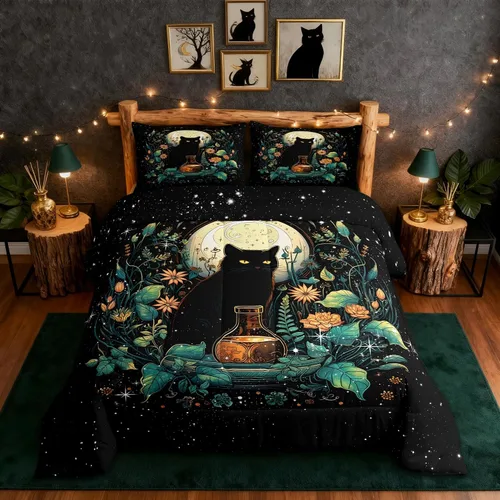 Castle Fairy Juego de edredón con diseño de gato lindo para niños, tamaño twin, juego de ropa de cama con hojas de flores, luna, noche y cielo