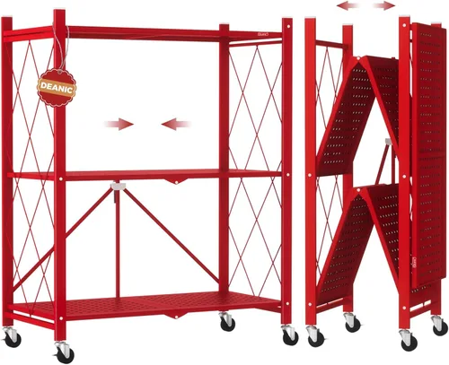 Miniatura 13 de DEANIC Estantes de almacenamiento plegables de 3 niveles con ruedas, soporte para electrodomésticos de cocina, estante de alambre de metal Gris