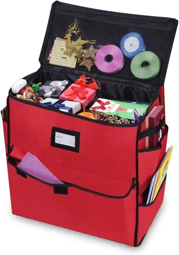 Organizador de Almacenamiento Navideño ProPik, Bolsas de Regalo, Lazos, Cintas y Contenedor de Accesorios de Envoltorio (Rojo)