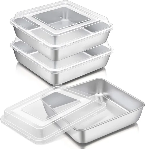 Miniatura 11 de P&P CHEF Molde cuadrado para hornear pasteles con tapa, bandeja de brownie de lasaña de acero inoxidable y cubierta de plástico para picnic, boda