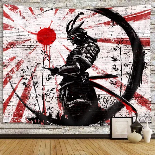 Miniatura 7 de iTapnoom Tapiz decorativo de arte samurái japonés para colgar en la pared para dormitorio, póster de anime rojo y negro con sol y luna para hombres