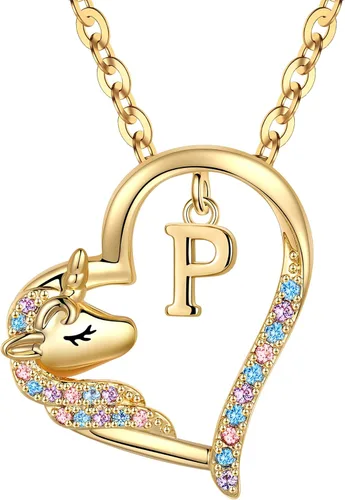 Miniatura 60 de Anoup Collar con inicial de unicornio, chapado en oro de 14 quilates, hipoalergénico con circonita cúbica, colgante de diamante simulado, joyería