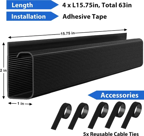 Miniatura 5 de ZhiYo Organizador de cables debajo del escritorio con canal J (4 x 15.7 pulgadas), canaleta de cables de 63 pulgadas, organizador de cables
