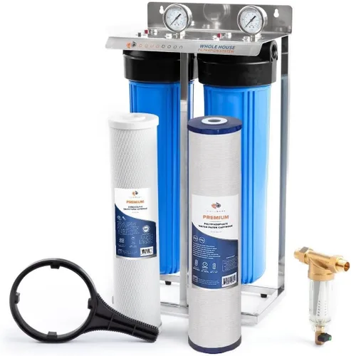 Aquaboon Sistema de filtro de agua de 2 etapas para toda la casa con prefiltro y CTO grande, antiescala/sedimento, calibre y liberación, llave,