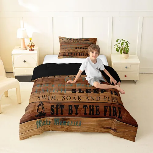 Miniatura 55 de Juego de ropa de cama King para casa del lago, juego de edredón de paleta de madera retro para regalos para amantes del lago, inserto de edredón