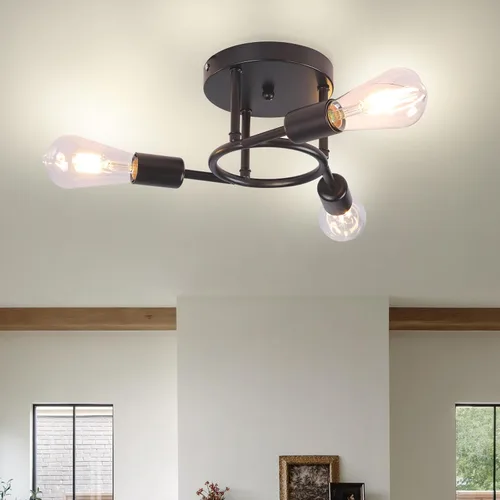 Miniatura 7 de Finktonglan Lámpara de techo semiempotrada de 3 luces, lámpara de techo Sputnik negro mate, lámpara moderna de granja E26 para cocina, dormitorio
