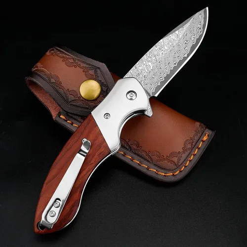 Miniatura 8 de KOMWERO Cuchillo de bolsillo de Damasco, cuchillo afilado de acero de damasco con núcleo VG10 de hoja de acero mango de madera, cuchillo plegable