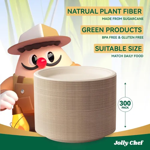 Miniatura 6 de JOLLY CHEF Platos compostables resistentes de 10 pulgadas [Paquete de 300] Platos de papel desechables ecológicos hechos de bagazo biodegradables a