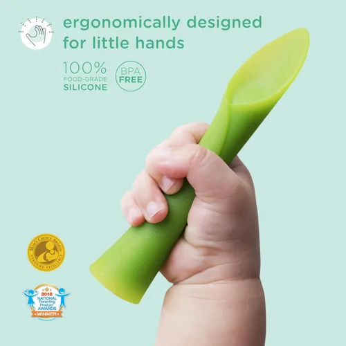 Miniatura 2 de Olababy Cuchara de entrenamiento de punta suave 100% silicona para el destete dirigido por el bebé, paquete de 2 (limón/coral)