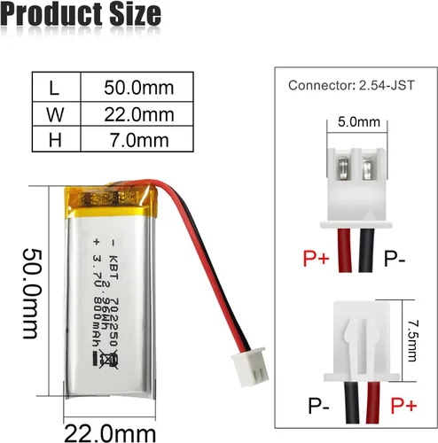 Miniatura 2 de Batería de polímero de litio KBT 3.7V 800mAh: 702250 Baterías de repuesto de iones de litio recargables Lipo con conector PH 2.54 JST, conector