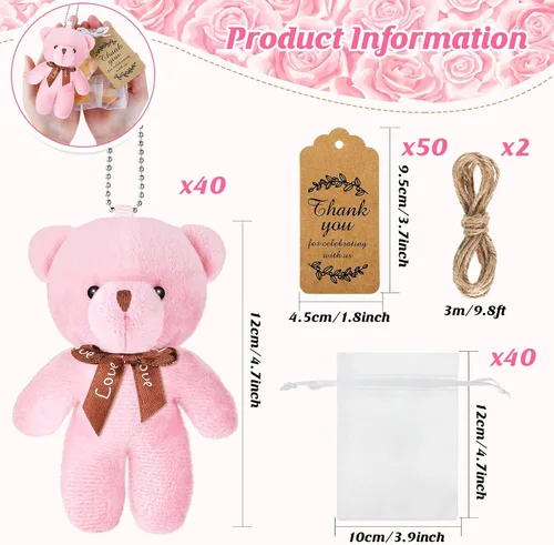 Miniatura 2 de Fumete 40 juegos de osos para baby shower de 4.7 pulgadas, osos pequeños a granel, osos de peluche, llavero pequeño, adornos colgantes con bolsa