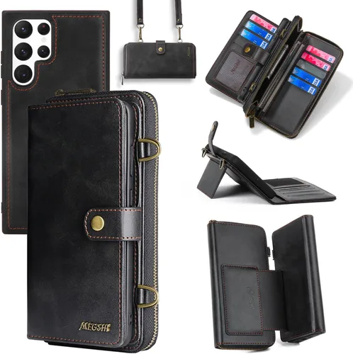 Compatible con Samsung Galaxy S22 Ultra 5G - Funda tipo cartera con correa para el hombro, soporte para tarjetas, multifunción, 2 en 1, funda