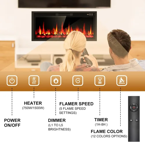 Miniatura 3 de Insertos de chimenea eléctrica de 42 pulgadas y montaje en pared con control remoto y pantalla táctil Calentador de chimenea de 1500 W