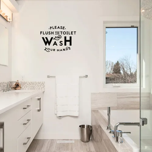 Miniatura 2 de Calcomanía de vinilo para pared, diseño de texto en inglés «Please Flush The Toilet And Wash Your Hands», 16 x 22 pulgadas, letrero moderno de baño