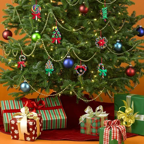 Miniatura 6 de Codree 8 piezas de adornos de piruleta de bastón de caramelo arcoíris - Adornos colgantes de arcilla polimérica para árbol de Navidad, fiesta