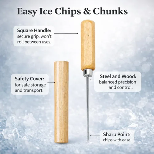 Miniatura 3 de HIC Kitchen Palillo de hielo con cubierta de seguridad, acero sólido con mango de madera, para hielo de bloque de astillado para cócteles