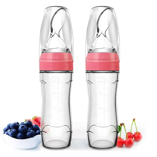 Miniatura 11 de Matyz Juego de 2 cucharas dispensadoras de alimentos de silicona para bebés (azul, 4 onzas/4.1 fl oz), alimentador de biberones exprimible de pie