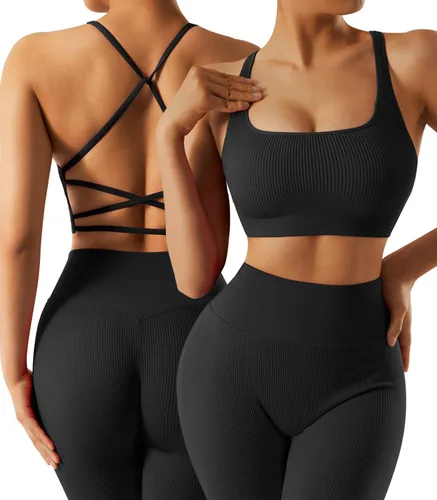OMKAGI Conjunto de entrenamiento acanalado para mujer, sin costuras, brasier deportivo con tiras y levantamiento de glúteos