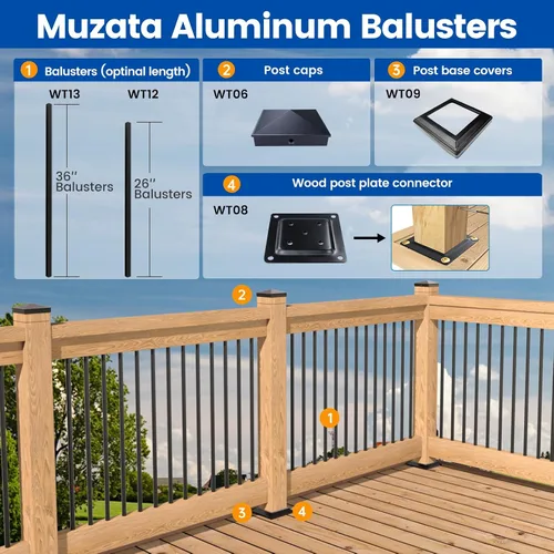 Miniatura 6 de Muzata 50 paquetes de balaustres de aluminio de 26" x 3/4" para cubierta, balaustres cuadrados para barandilla de cubierta, espigas huecas negras