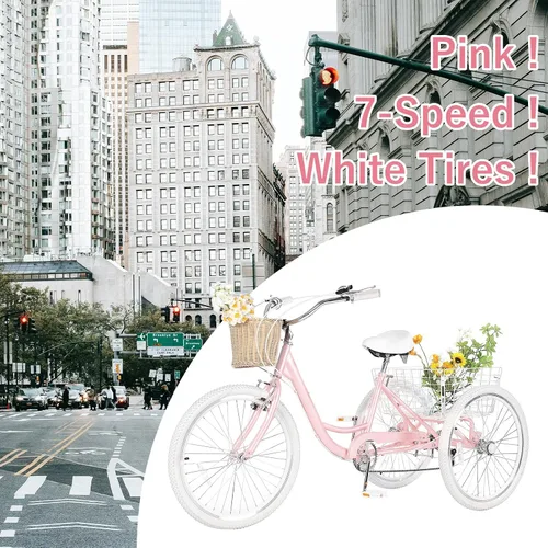 Miniatura 2 de Triciclos para adultos para adultos, triciclos para adultos de 7 velocidades, bicicleta de 3 ruedas de 20/24/26 pulgadas con canasta, bicicletas