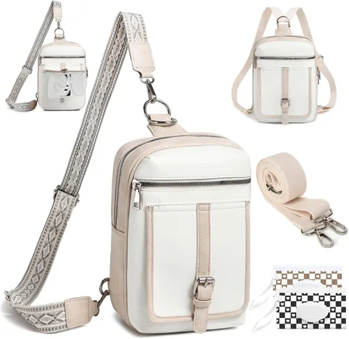 Miniatura 22 de Bolso Bandolera Mochila Cruzada - 2 en 1 Bolso Cruzado de Cuero Riñonera con 2 Correas Extraíbles Mini diaper bag Café