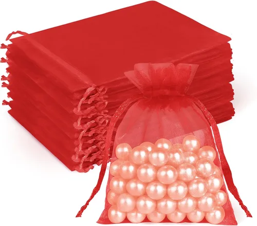 Crweety 50 bolsas de organza roja de 3 x 4 pulgadas, pequeñas bolsas de regalo de malla con cordón, bolsa de regalo transparente para bolsita de