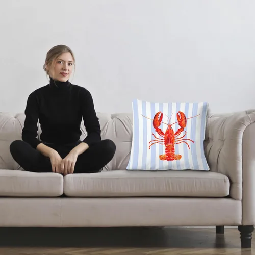 Miniatura 2 de Fundas de almohada costeras de langosta, fundas de almohada náuticas de langosta roja de Nueva Inglaterra con rayas azules y blancas para casa