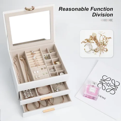 Miniatura 13 de Elegant Gift Jewelry Box with Mirror - 3-Layer Organizer for Earrings, Rings, Necklaces, Ready to Give for Birthday Anniversary Christmas Apricot