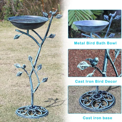 Miniatura 4 de HOUYANG Baño para pájaros con pedestal de hierro fundido de 11.4" de ancho x 31" de alto, baños para pájaros para exteriores, baño para pájaros