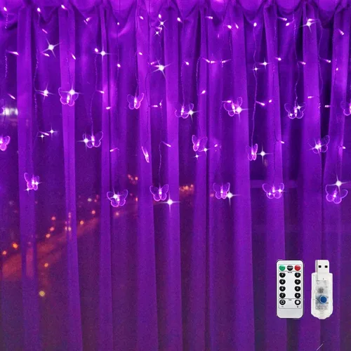 Miniatura 9 de Guirnalda de luces de cadena de hadas con cortina de mariposa, 120 LED, 8 modos, temporizador alimentado por USB, luz parpadeante de luciérnaga
