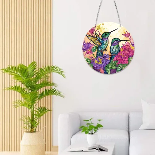 Miniatura 4 de LUSandy Kit de pintura de diamante de colibrí con flores 5D para bricolaje, letrero de arte de pared, colibrí, diamante, atrapasoles, adorno Flores