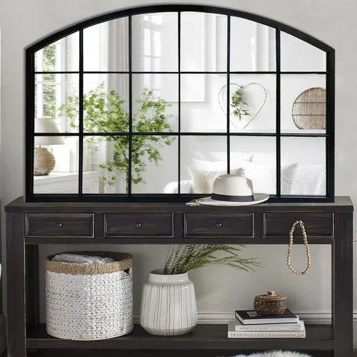Miniatura 7 de WAMIRRO Espejo de pared de rejilla negra, espejo de ventana ancha negro, espejo de pared arqueado de granja, espejo de repisa para chimenea, Black-2