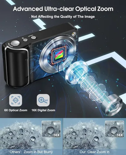 Miniatura 5 de Cámara digital 5K para fotografía, cámara WiFi con pantalla táctil de 64 MP con enfoque automático 6X óptico y zoom digital 16X, cámara de vlogging
