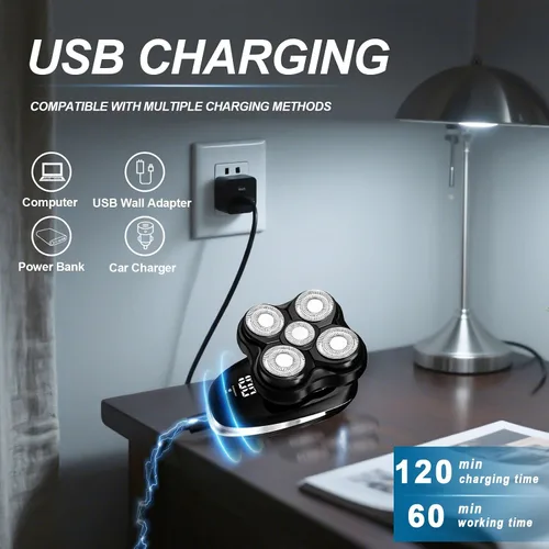 Miniatura 6 de Afeitadora de cabeza para hombres calvos, afeitadora eléctrica húmeda y seca con cabezal flotante 5D y cuchillas magnéticas, afeitadora recargable