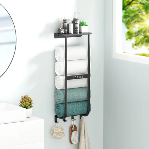 Miniatura 5 de Toallero para baño, toallero de pared de metal negro con estante y 4 ganchos, organizador de almacenamiento de toallas de baño