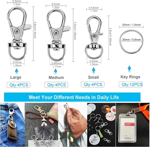 Miniatura 2 de YHYZ Llavero Anillos de Cadena de Llaves Clips Giratorios a Granel, Ganchos Giratorios con Cordón (Pequeño X 4pcs, Mediano X 4pcs, Grande X 4pcs) +