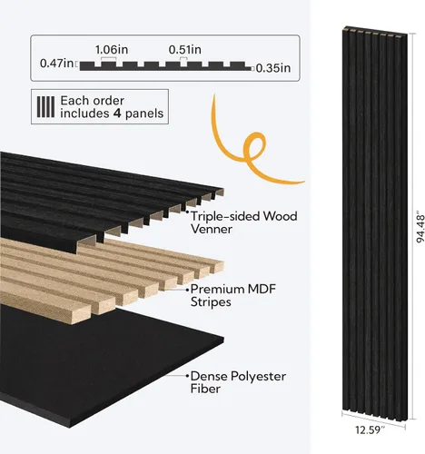 Miniatura 4 de Olanglab Paquete de 4 paneles de pared de listones de madera, paneles de pared acústicos de madera, 94.5"x12.6" pulgadas, cada uno de los paneles